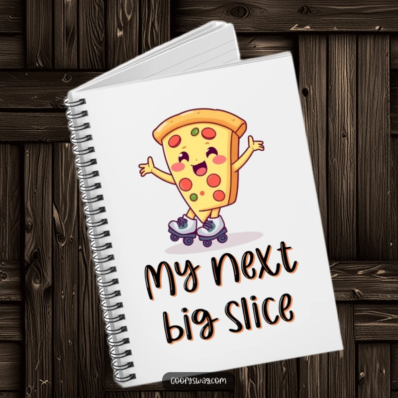 Funny pizza slice on roller skates, spinning happily, illustrated on a notebook cover for jotting down ideas.