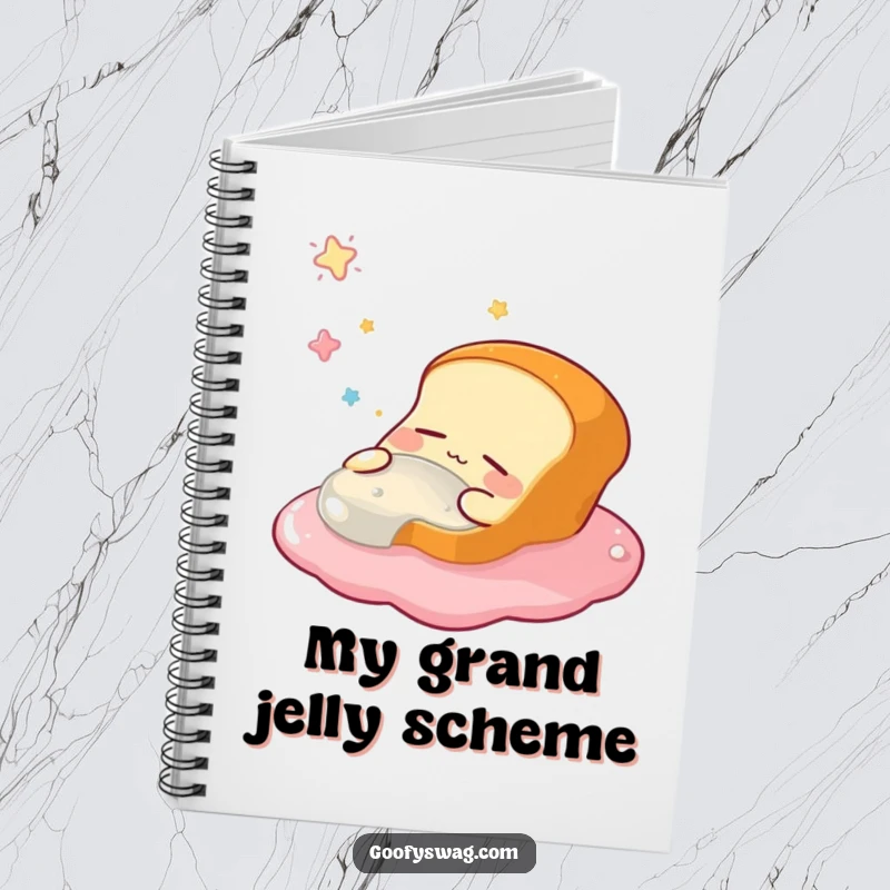 Funny notebook with a sleepy bread loaf cover, dreaming of jelly, perfect for jotting down notes, ideas, or grocery lists with humor.