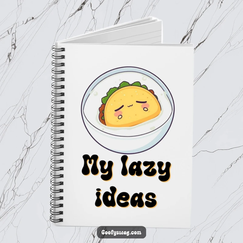 Funny notebook with a sleepy taco floating serenely in milk, ideal for journaling and peaceful thoughts.