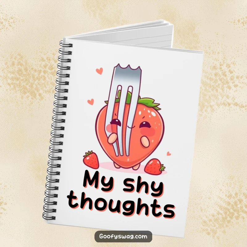 Funny Strawberry Fork Notebook: A blushing strawberry trying to hide behind a large fork adorns the cover of this sweet and funny notebook.