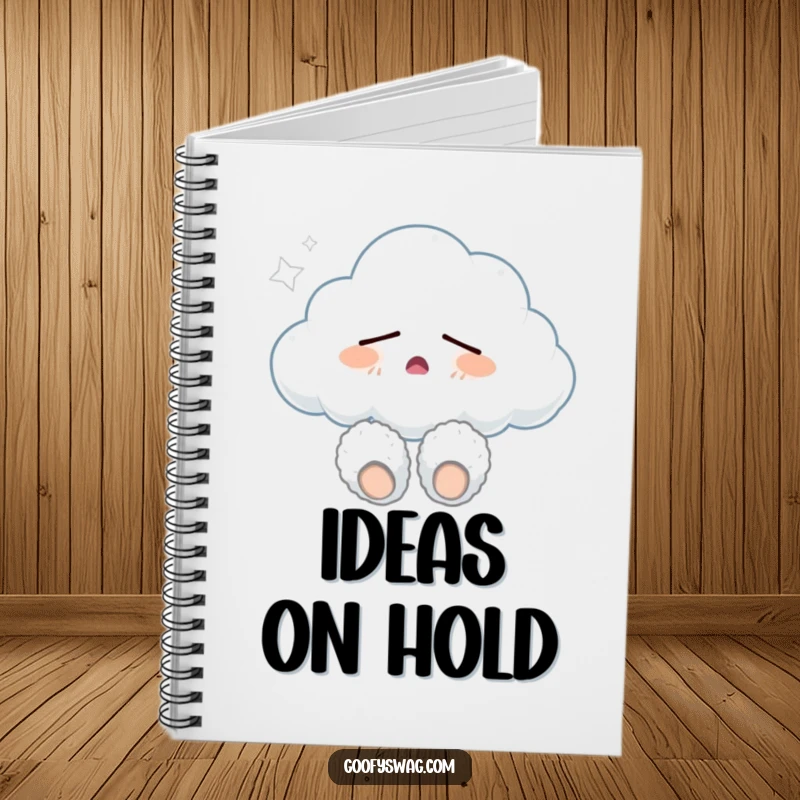 Funny sleepy cloud wearing fuzzy slippers and yawning, a notebook cover design that inspires calm thoughts and gentle humor for writers.