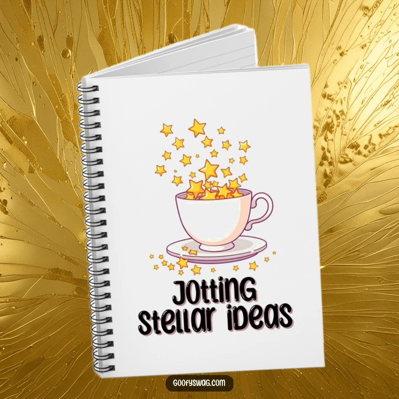 Funny Notebook with a teacup spilling a galactic shower of stars, ideal for capturing cosmic ideas and dreams.