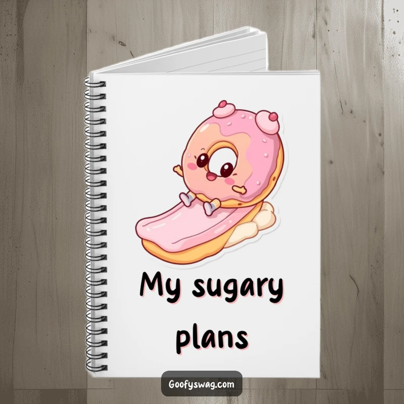 Funny notebook featuring a donut character sliding down a frosting slide, designed for jotting down sweet ideas and thoughts.
