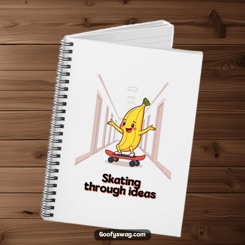 Funny notebook cover featuring a delighted banana peel skateboarding down a hallway, perfect for jotting down exciting plans.