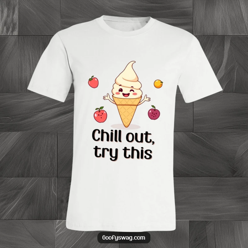Funny ice cream cone grinning and juggling small fruits, a vibrant and humorous t-shirt design celebrating summer and sweet treats.