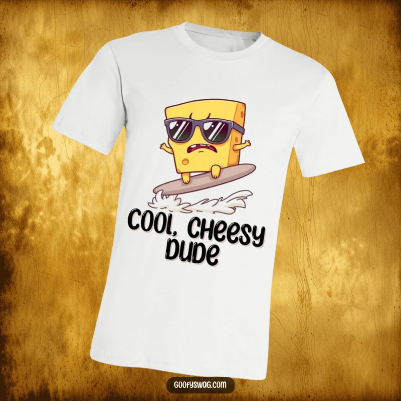 Funny t-shirt with a grumpy cheese slice wearing sunglasses, attempting to surf a cracker, capturing cool vibes.