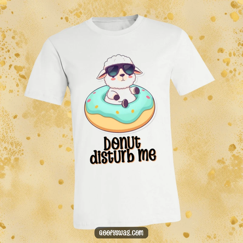 Funny t-shirt depicting a fluffy sheep wearing sunglasses, lounging effortlessly on a giant donut float, embodying humorous vacation and relaxation.