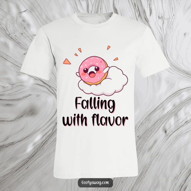 Funny Donut Falling T-Shirt showing a surprised donut character falling from a cloud with a happy yelp, a truly humorous and tasty design.