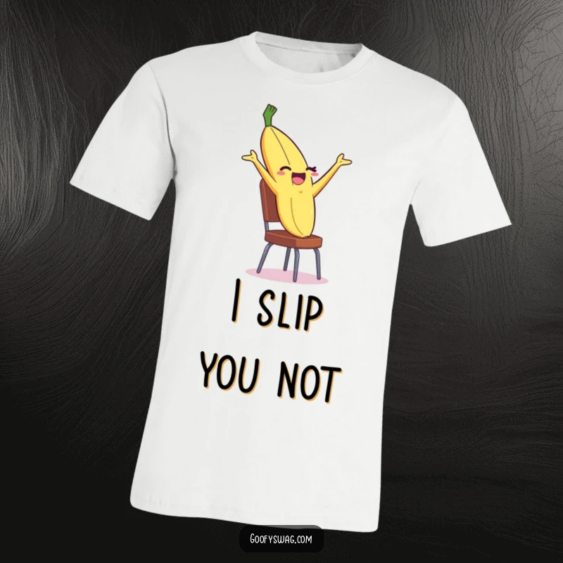 Funny Banana Peel T-Shirt featuring a winking peel dramatically backflipping off a chair, capturing hilarious motion.