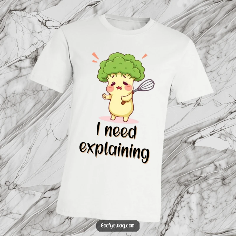 Funny t-shirt featuring a confused broccoli floret comically hugging a kitchen whisk, ideal for food lovers, chefs, and humor enthusiasts.