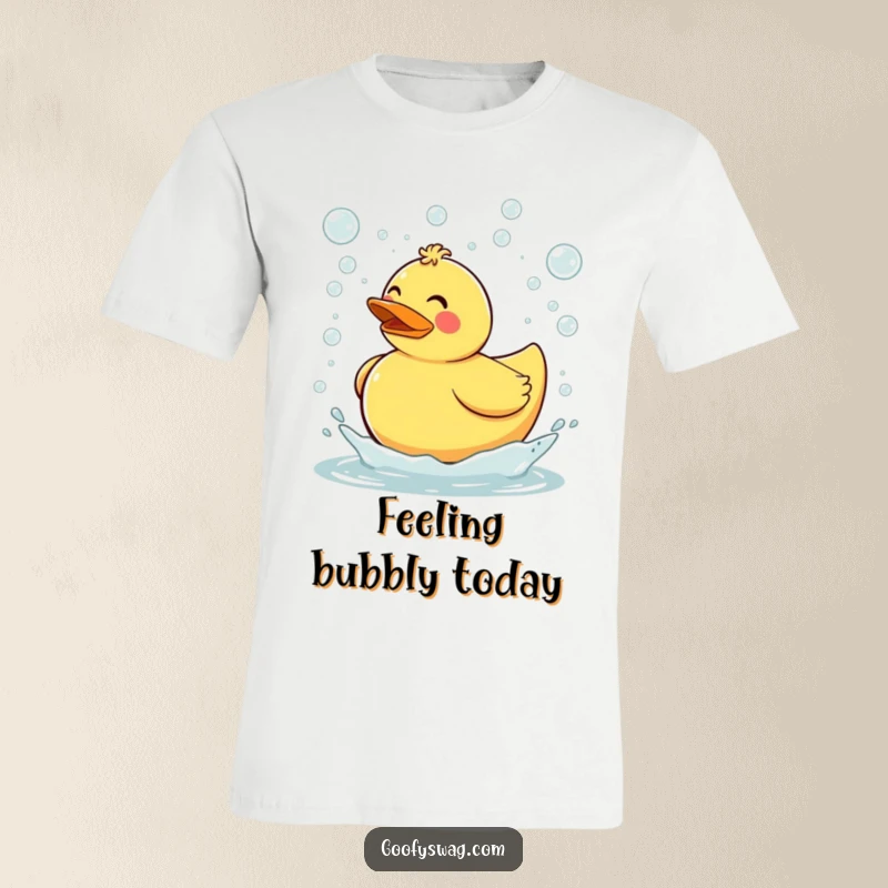 Funny clumsy rubber duck tripping and sending bubbles flying everywhere, a cheerful and humorous t-shirt design celebrating bath time fun and playful accidents.