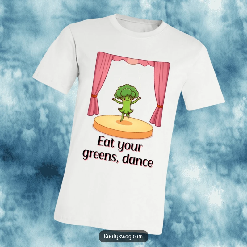Funny dancing broccoli doing a dramatic pirouette on a tiny stage, a vibrant and humorous t-shirt design celebrating fitness and performing arts.