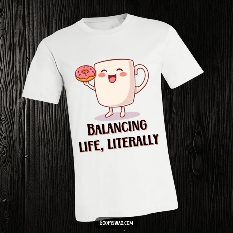 Funny Coffee Mug T-Shirt: A dancing coffee mug balances a donut on its rim, exuding fun and morning cheer.