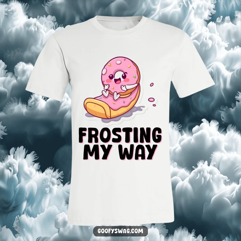 Funny Donut Slide T-Shirt: A joyful donut character slides down a frosting slide, capturing a moment of pure, sweet exhilaration.