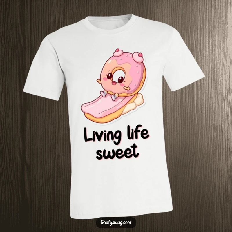 Playful funny donut character zooming down a colorful frosting slide on a t-shirt, capturing a moment of sweet, energetic fun.