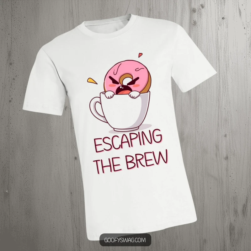 Funny t-shirt design featuring a grumpy donut attempting a rapid escape from a coffee mug, a humorous take on morning routines.