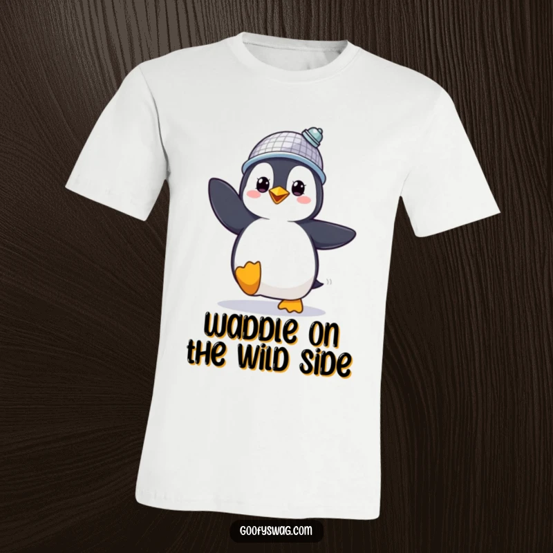 Funny T-Shirt with a proud penguin wearing a disco ball hat and dancing enthusiastically, a festive design.