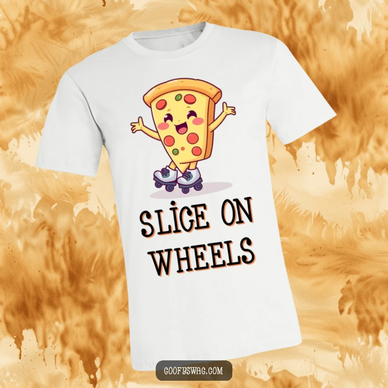 Funny pizza slice character wearing roller skates, mid-spin, printed on a t-shirt, radiating happiness and energy.