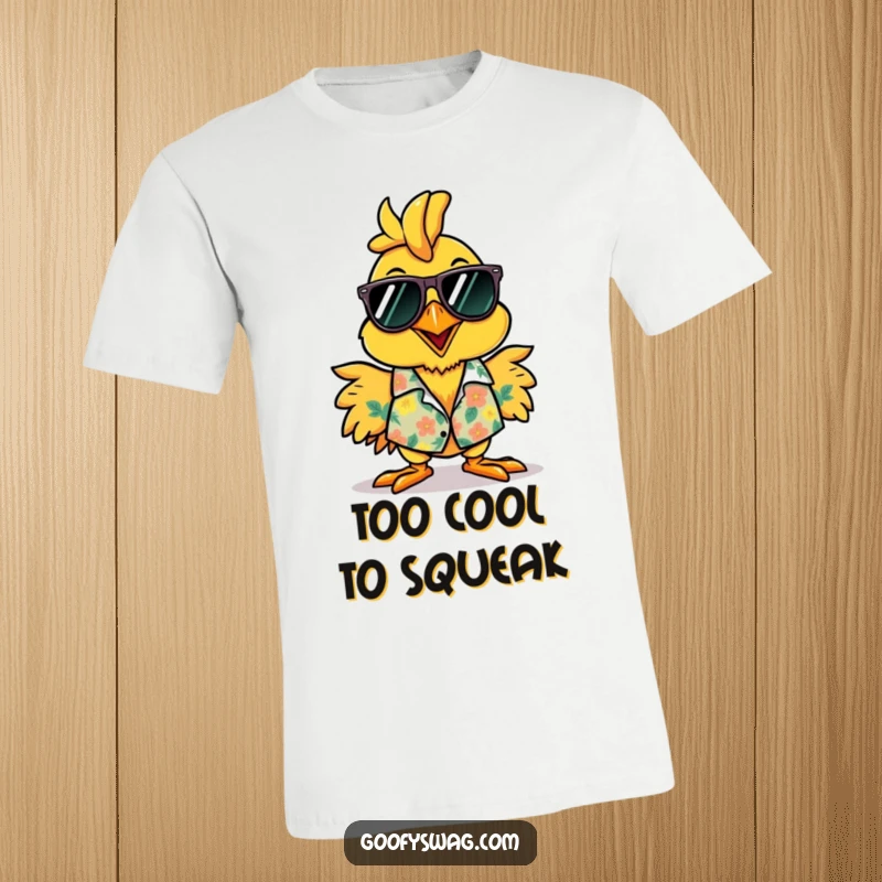 Funny rubber chicken t-shirt, sporting a Hawaiian shirt and sunglasses, ready to bring the fun and laughter.