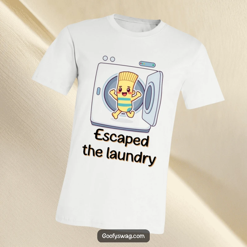 Funny determined sock character making a triumphant escape from a dryer, printed on a humorous t-shirt.