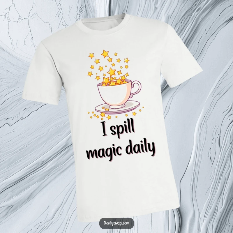 Funny T-Shirt depicting a teacup's contents of luminous stars spilling out in a dazzling, energetic shower.