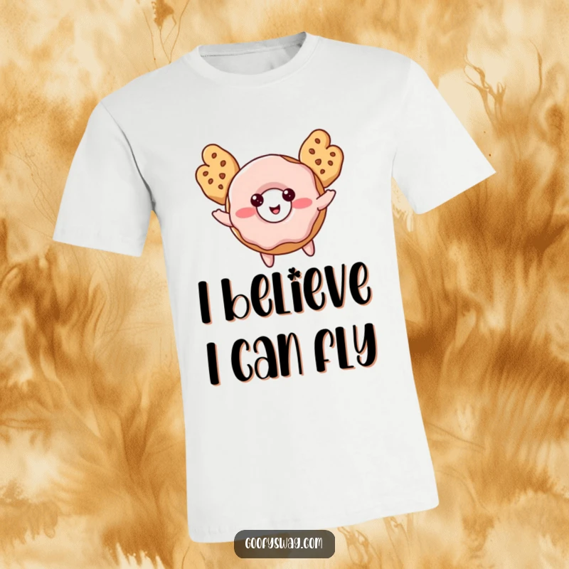 Funny Donut T-Shirt featuring a blushing donut with cookie wings, attempting to fly with a determined expression.
