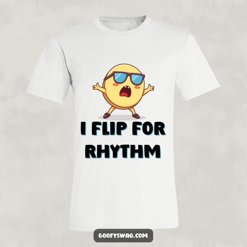 Funny Pancake T-Shirt featuring a surprised pancake wearing cool sunglasses, doing a hilarious breakdancing pose.