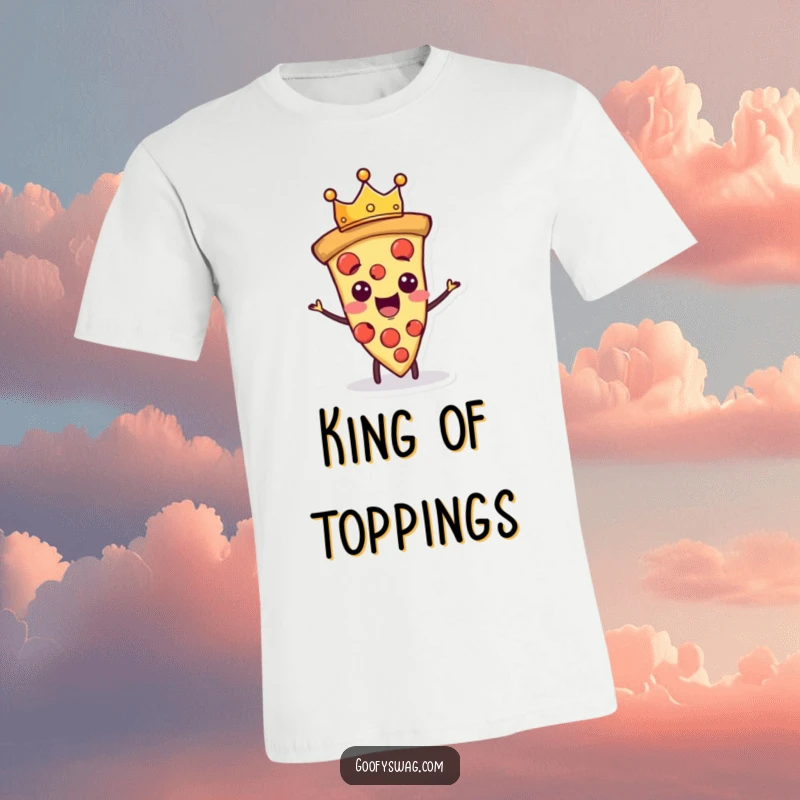 Funny proud pizza slice character wearing a tiny crown, printed on a humorous t-shirt.