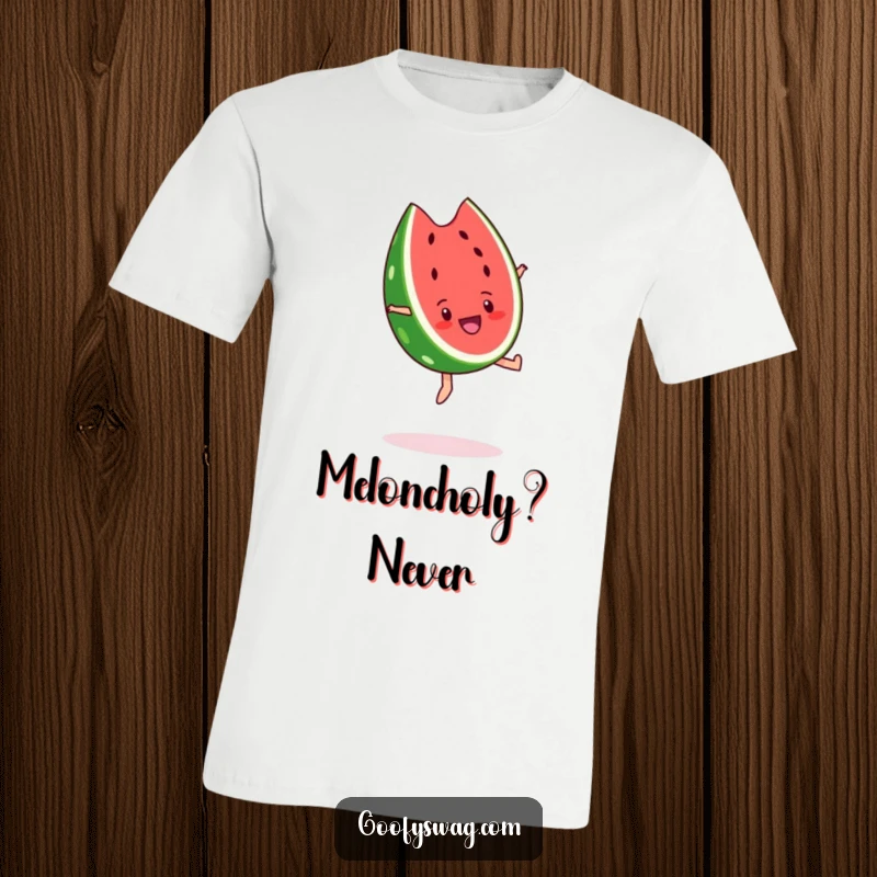 Funny watermelon slice t-shirt, performing an energetic backflip with an over-the-top expression of happiness and excitement.