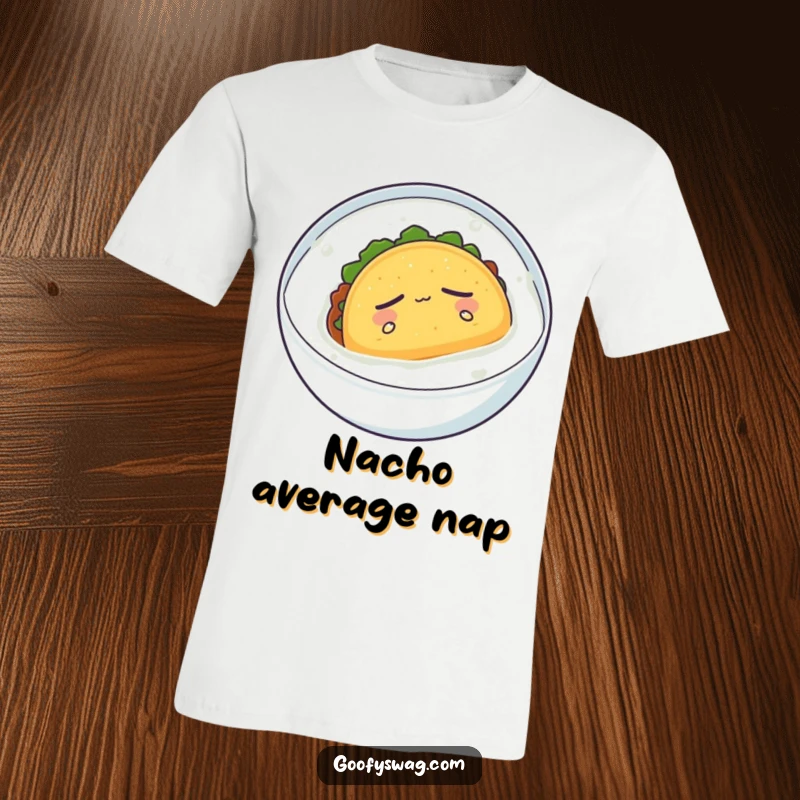 Funny t-shirt graphic of a sleepy taco floating serenely in milk, depicting a humorous and calming breakfast.