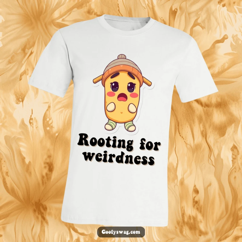 Funny T-Shirt depicting a surprised potato wearing a propeller beanie and two different colorful socks, full of character.