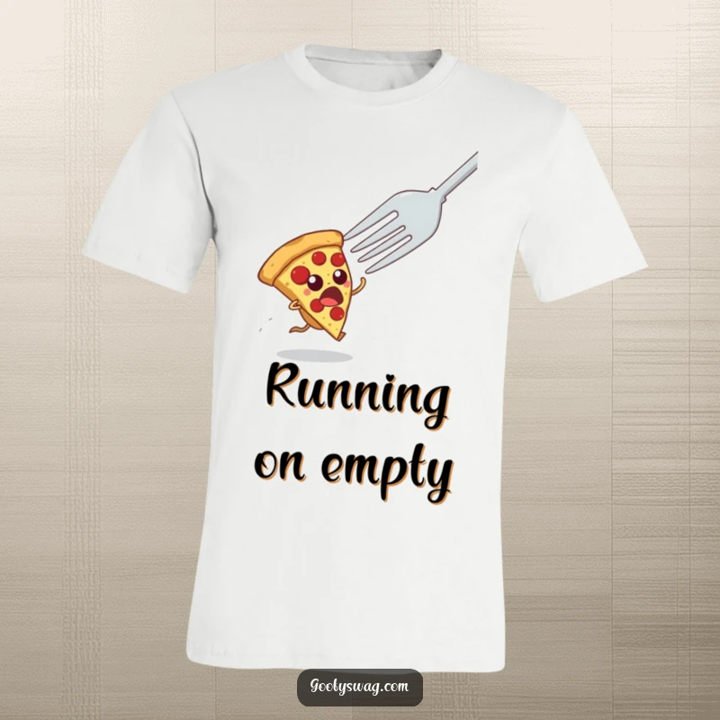 Funny t-shirt showing a startled pizza slice running from a massive fork, embodying a hilarious and relatable food-escape scenario.