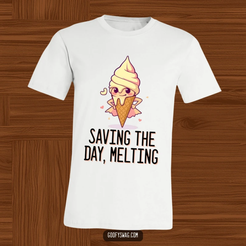 Funny Ice Cream T-Shirt: A melting ice cream cone strikes a heroic superhero pose, ready for action and adventure.