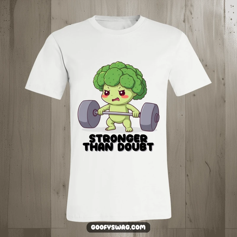Funny t-shirt featuring a determined broccoli floret intensely lifting a heavy weight, representing strength, health, and humor.
