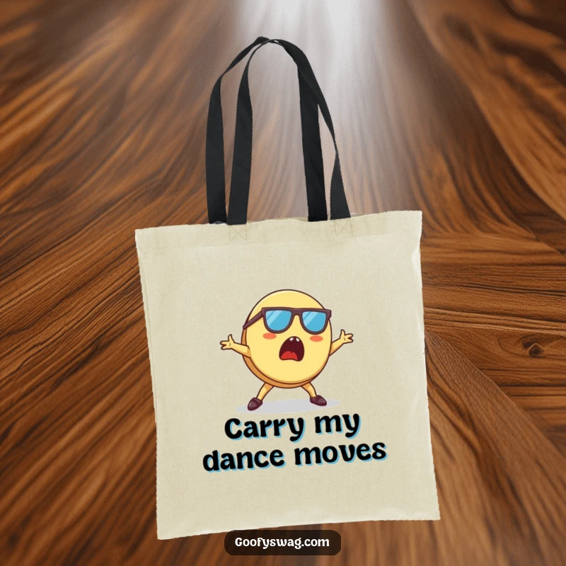Funny Pancake Tote Bag with a surprised pancake in sunglasses doing a breakdance, perfect for shopping or a day out.