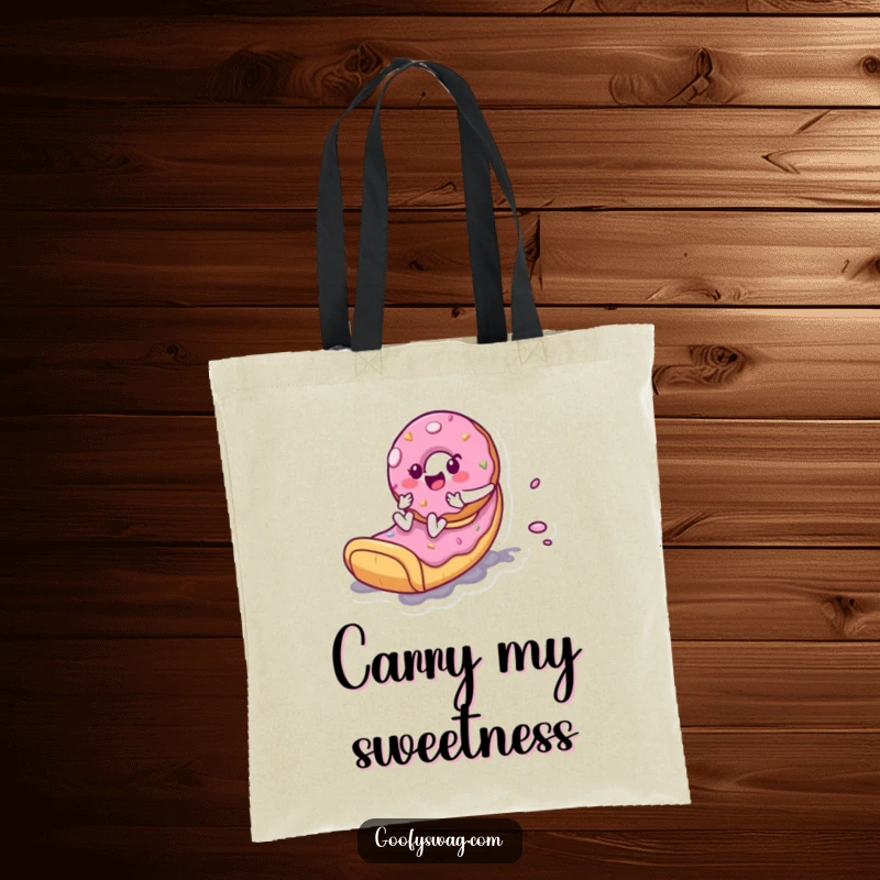 Funny Donut Slide Tote Bag: A playful donut character slides down a frosting slide on this functional and fun tote.