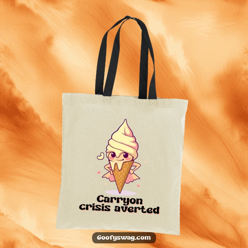 Funny Ice Cream Tote Bag: A melting ice cream cone strikes a superhero pose, ready to carry your goods with heroic flair.