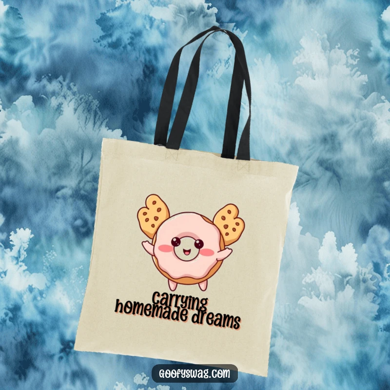 Funny Donut Tote Bag with a blushing donut and cookie wings, attempting to fly, perfect for shopping or a day out.