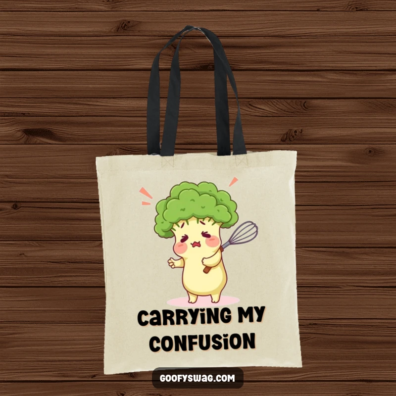 Funny tote bag illustrating a confused broccoli floret comically hugging a kitchen whisk, a humorous and practical accessory for daily use.
