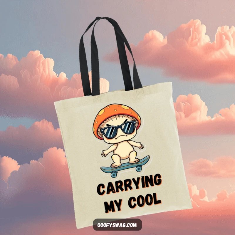 Funny tote bag showcasing a grumpy mushroom with sunglasses, riding a skateboard, perfect for carrying essentials with a cool vibe.