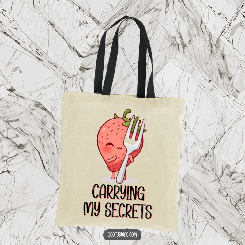 Funny blushing strawberry character peeking from behind a huge fork on a tote bag, perfect for carrying groceries and smiles.