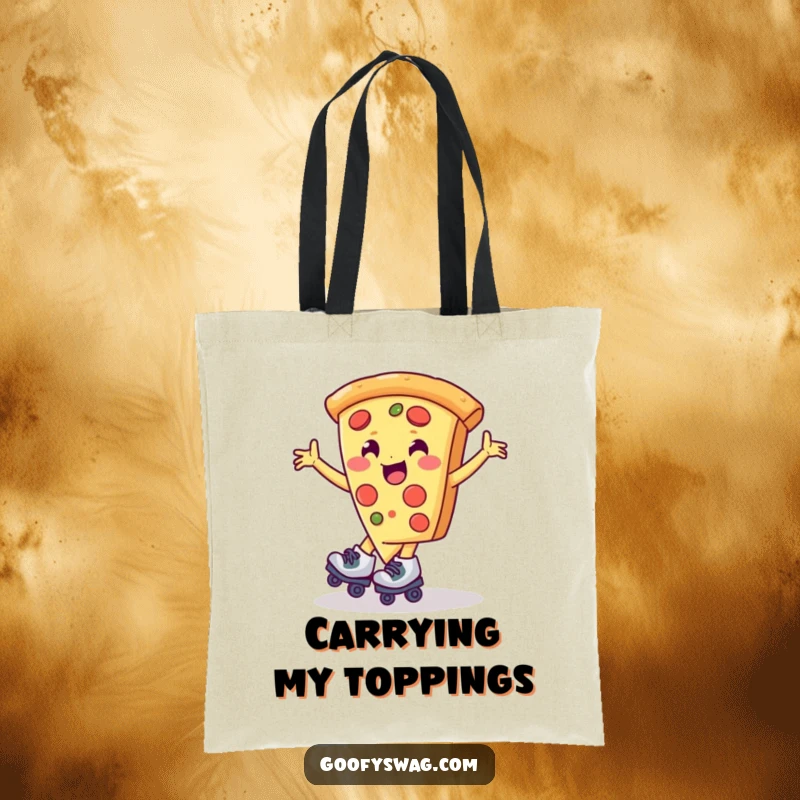 Funny pizza slice character with roller skates in a dynamic spin pose on a tote bag, ready for action.