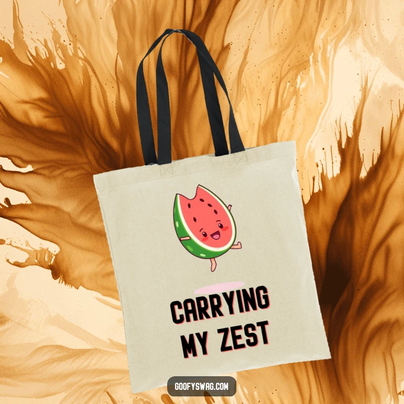 Funny watermelon slice tote bag, captured mid-backflip with extreme joy. A humorous and practical accessory for carrying essentials.