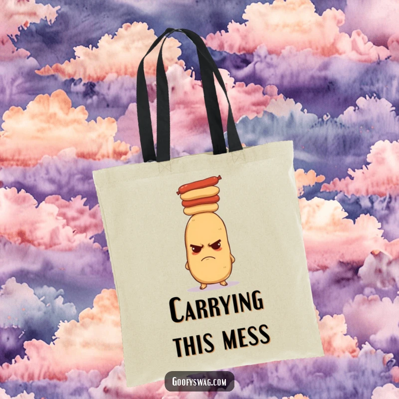 Funny grumpy potato tote bag, featuring a potato attempting to balance a stack of hot dogs on its head, perfect for carrying items.