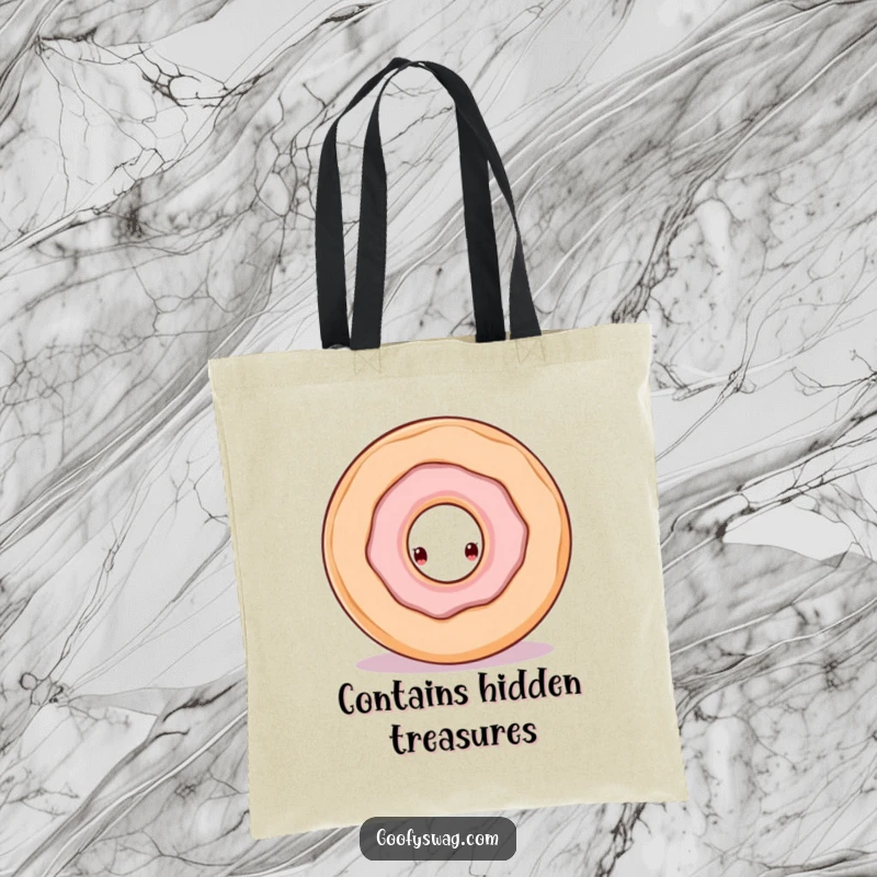 Funny doughnut character peeking from the hole of a bigger doughnut on a tote bag, a cute and humorous carry-all.