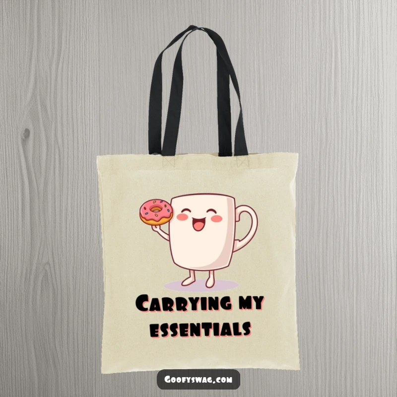Funny Coffee Mug Tote Bag: A dancing coffee mug balances a donut on its rim, carrying morning cheer and treats.