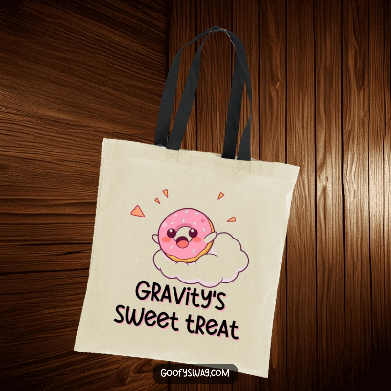 Funny Donut Falling Tote Bag showcasing a surprised donut character falling from a cloud with a happy yelp, great for carrying items with humor.