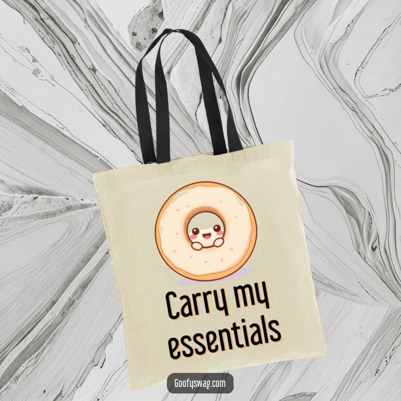 Funny doughnut tote bag featuring a curious doughnut peeking from a larger one, a functional and amusing accessory.