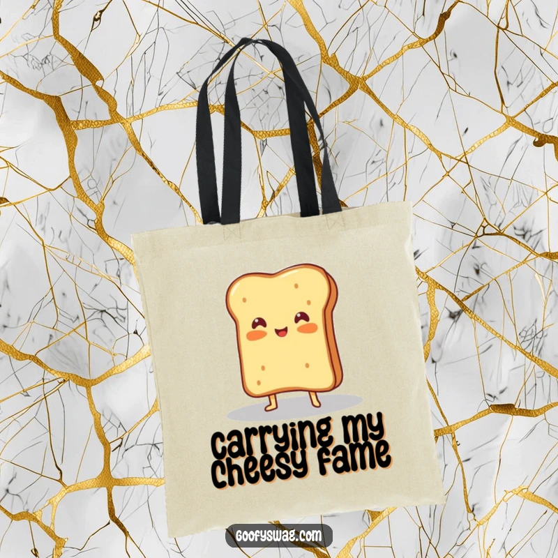 Funny tote bag showcasing a proud grilled cheese sandwich posing dramatically under a spotlight, celebrating its deliciousness.