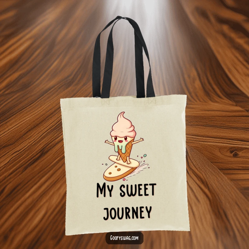 Funny tote bag depicting a melting ice cream cone surfing on a runaway cookie, a charming and humorous accessory for shoppers.